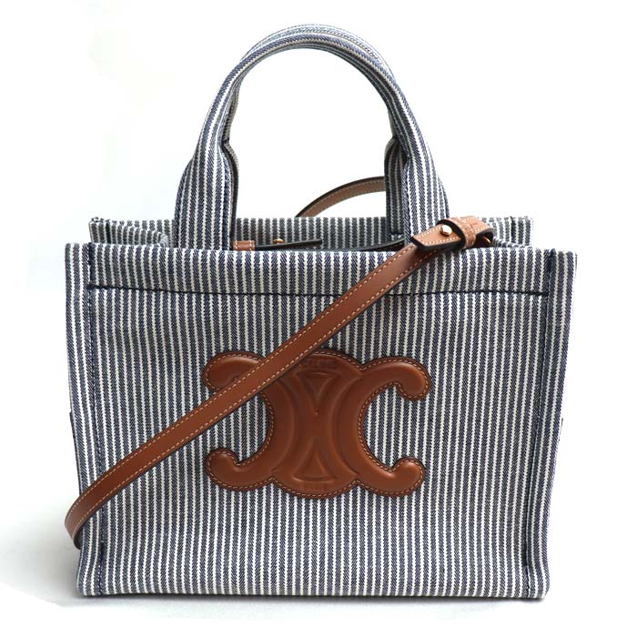 CELINE セリーヌ スモール カバ タイス  ストライプテキスタイル 2Wayショルダーバッグ ネイビー 199162FU5.07OC レディース【中古】【美品】