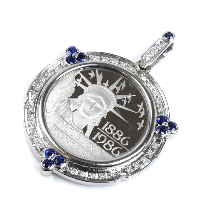 Pt900プラチナ Pt999 フランス 100フラン ペンダントトップ ダイヤモンド0.33ct サファイア1.24ct 43.3g 1986 ユニセックス【中古】
