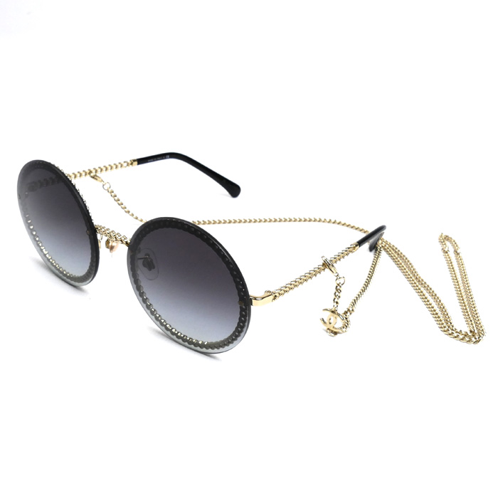 CHANEL シャネル ラウンド  サングラス ブラック ゴールド 4245 c.395/S6 58□18 135 3N チェーン付き レディース【中古】