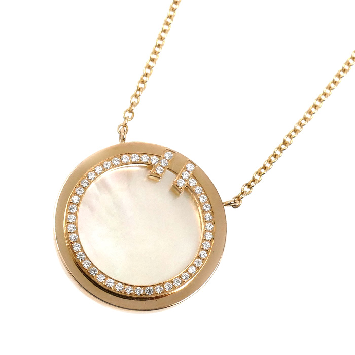 TIFFANY&Co. ティファニー K18PG ピンクゴールド T サークル ネックレス 64026801 ダイヤモンド シェル 4.4g 40.5/45.5cm レディース【中古】【美品】