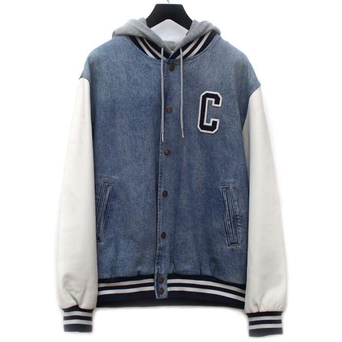 CELINE セリーヌ バーシティ ブルゾン デニムジャケット ブルー ホワイト グレー 2Q563206T XL フード ボンバージャケット メンズ【中古】