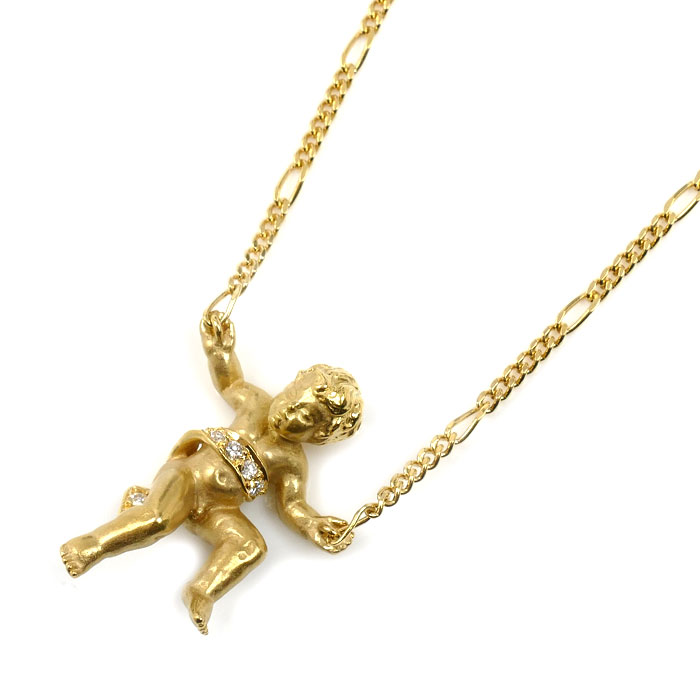 Carrera y Carrera カレライカレラ K18YG イエローゴールド エンジェル ネックレス ダイヤモンド 10.1g 47cm フィガロチェーン レディース【中古】