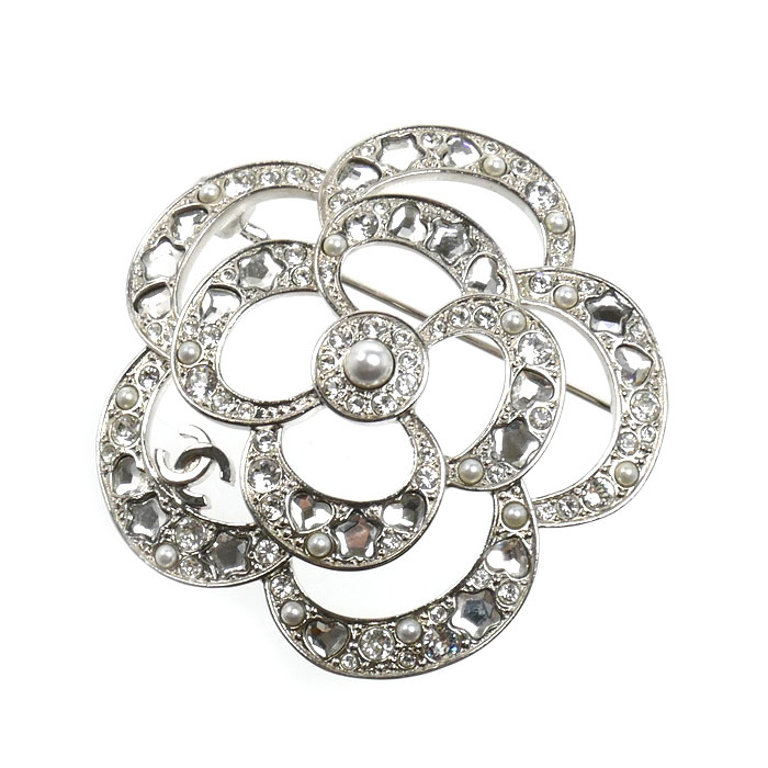 CHANEL シャネル メタル ココマーク カメリア ブローチ ABF233 ラインストーン フェイクパール レディース【中古】【美品】