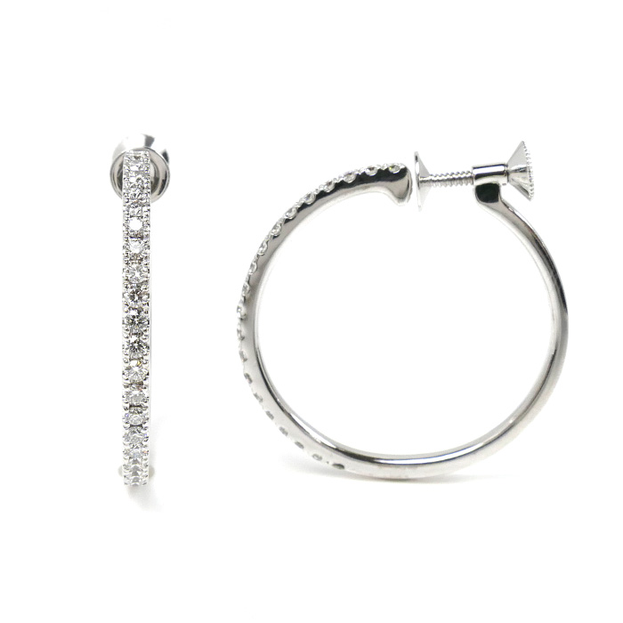 MIKIMOTO ミキモト K18WG ホワイトゴールド フープ イヤリング ダイヤモンド0.36ct/0.36ct 8.3g ネジ式 レディース【中古】【美品】