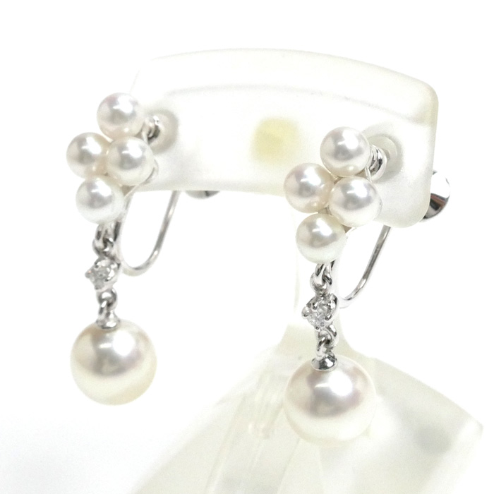 MIKIMOTO ミキモト K18WG ホワイトゴールド イヤリング PE-768PU アコヤパール約3.4～6.7mm ダイヤモンド 3.6g レディース【中古】【美品】