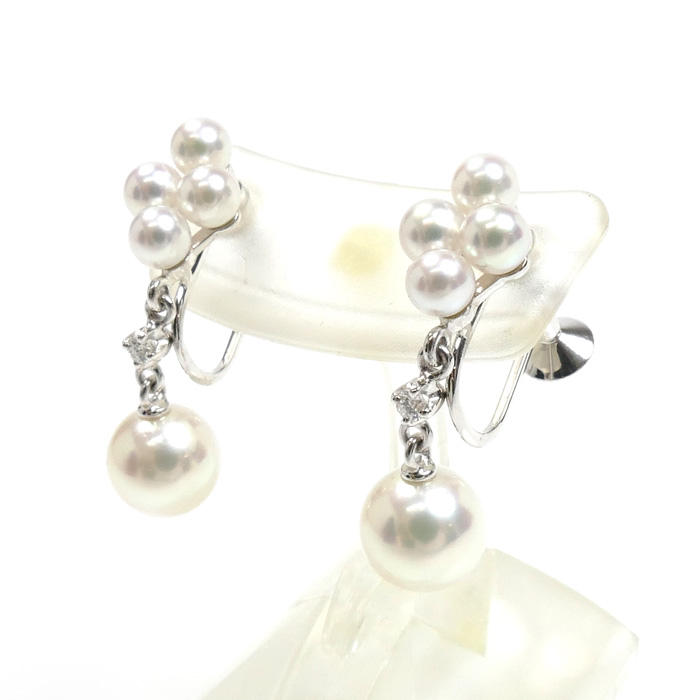 MIKIMOTO ミキモト K18WG ホワイトゴールド イヤリング アコヤパール約6.6/6.7mm/約3.3～3.4mm ダイヤモンド 3.6g レディース【中古】