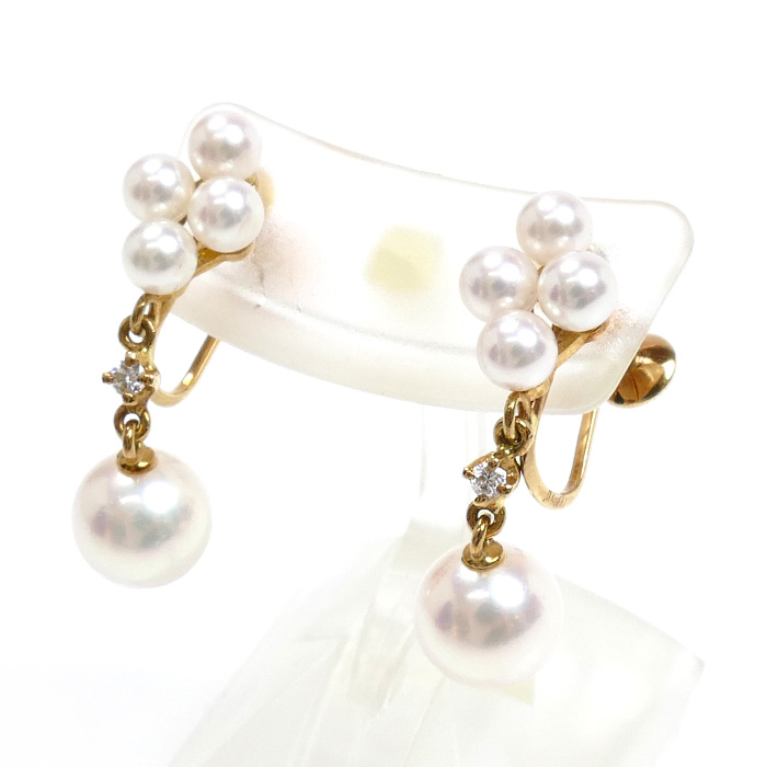 MIKIMOTO ミキモト K18YG イエローゴールド イヤリング アコヤパール約6.8mm/約3.3～3.5mm ダイヤモンド 3.5g レディース【中古】