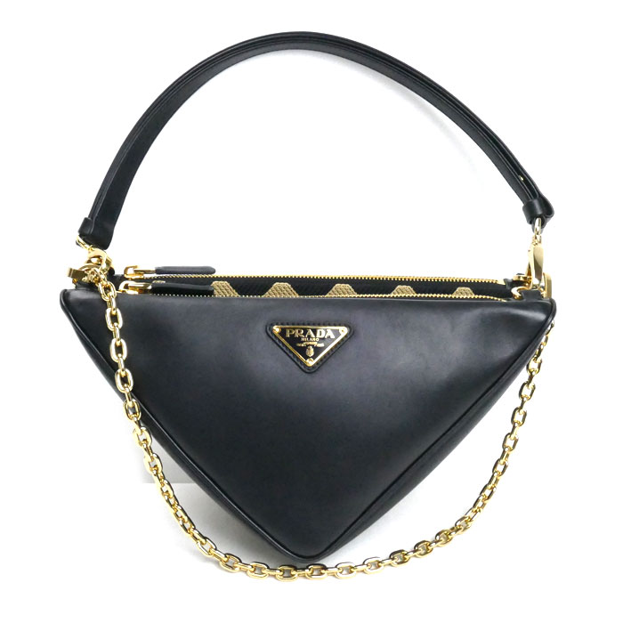 PRADA プラダ トライアングルバッグ ショルダーバッグ ブラック×ベージュ 1BC176 2FPN レザー×ファブリック レディース【中古】【美品】