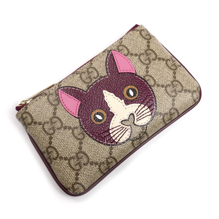 GUCCI グッチ GGスプリーム キャットディテール コインケース ベージュ×ボルドー 818768 FAEEN 8574 レディース【中古】【美品】