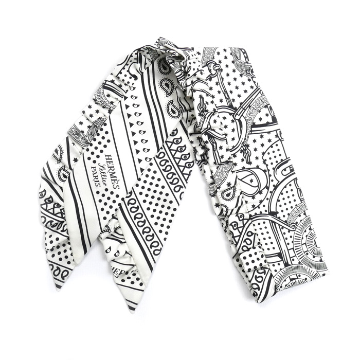 HERMES エルメス ツイリー Eperon d’ Or Bandana エプロンドールバンダナ スカーフ ホワイト/ブラック H852978S レディース【中古】【美品】