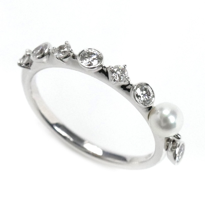 MIKIMOTO ミキモト K18WG ホワイトゴールド ディナー リング・指輪 PR1461U パール約3.4mm ダイヤモンド 5号 1.7g レディース【中古】【美品】