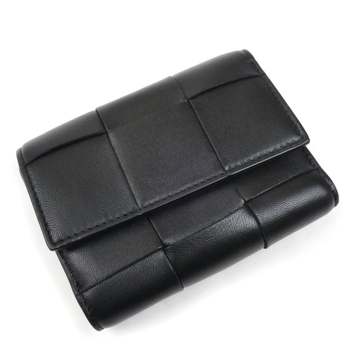BOTTEGAVENETA ボッテガヴェネタ マキシイントレチャート  コンパクトウォレット 三つ折り財布 ブラック 651372 VCQC1 8425 レディース【中古】【美品】