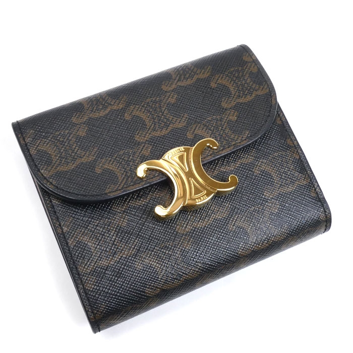 CELINE セリーヌ トリオンフ スモールフラップウォレット 三つ折り財布 ブラック×ブラウン 10D783 レディース【中古】【美品】