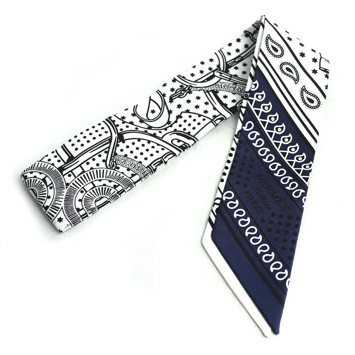 HERMES エルメス ツイリー Eperon d’ or 黄金の拍車 スカーフ ホワイト/ブラック/マリン H062978S 06 レディース【中古】【美品】