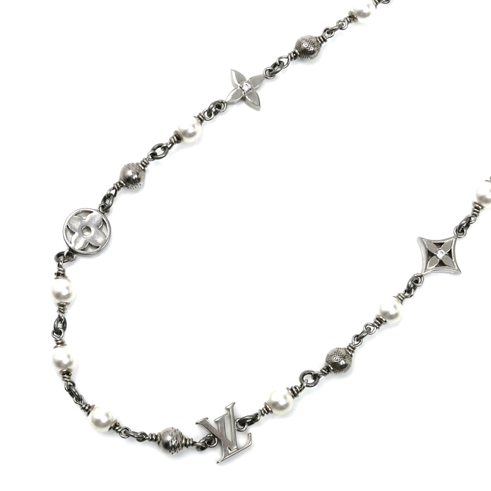 LOUIS VUITTON ルイ・ヴィトン 真鍮 フェイクパール ラインストーン LV パールズ ネックレス ネックレス M02448 メンズ【中古】