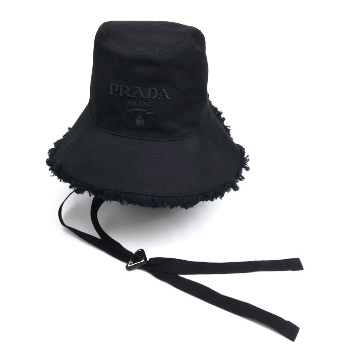 PRADA プラダ ワイドブリム ドリル バケットハット ハット ブラック 1HC348 2CXJ L レディース【中古】