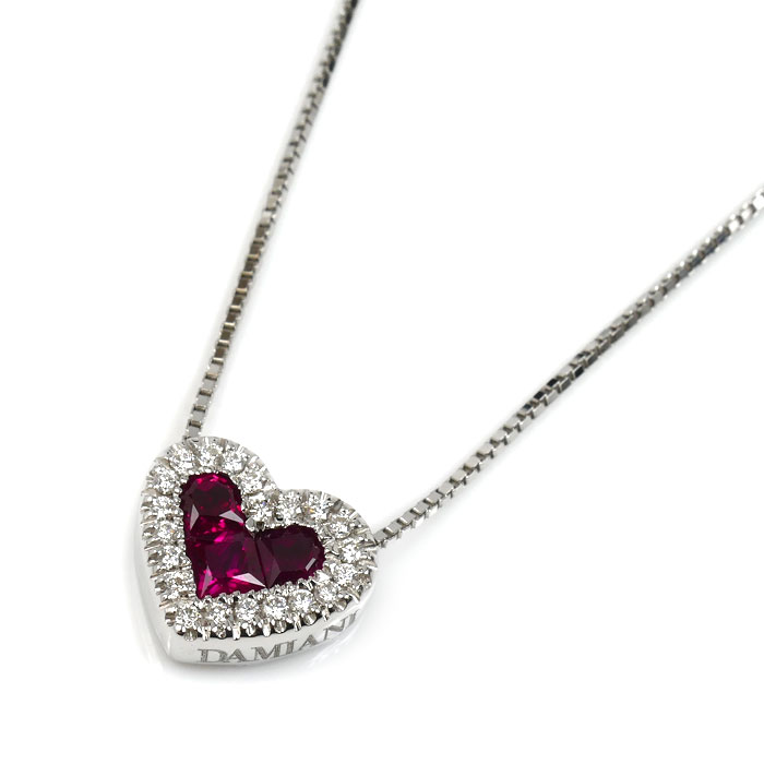 Damiani ダミアーニ K18WG ホワイトゴールド ネックレス ルビー ダイヤモンド 5.5g 37/42/46cm ハート レディース【中古】