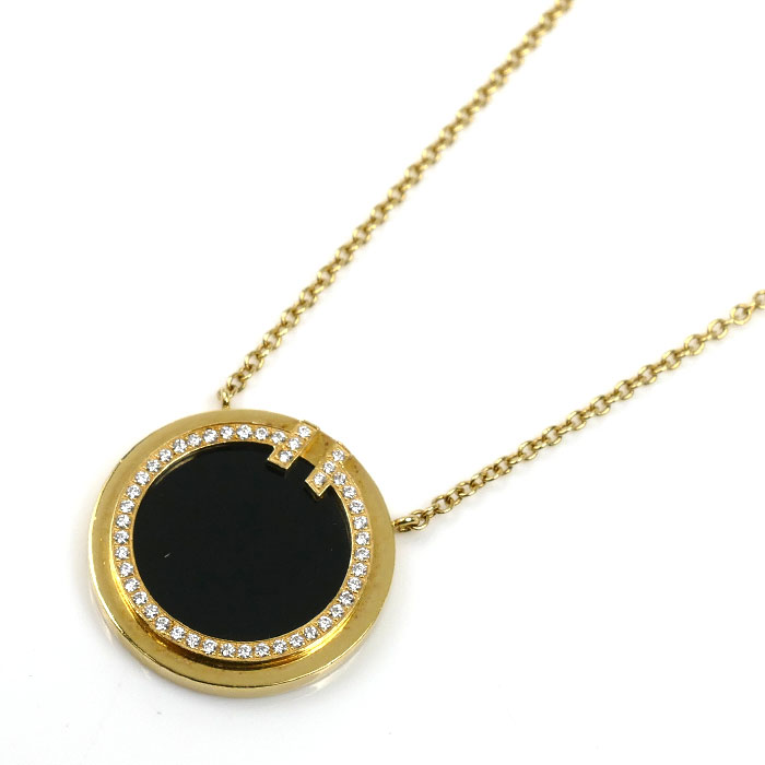 TIFFANY&Co. ティファニー K18YG イエローゴールド T TWO サークル  ネックレス オニキス ダイヤモンド 4.5g 45cm レディース【中古】