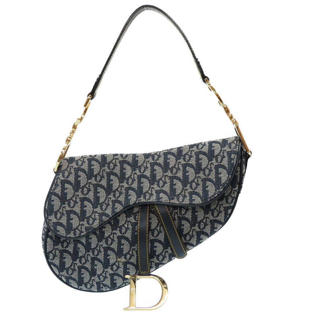AUTH Christian Dior Trotter Saddle bag Shoulder Bag Navy Canvas/Leather