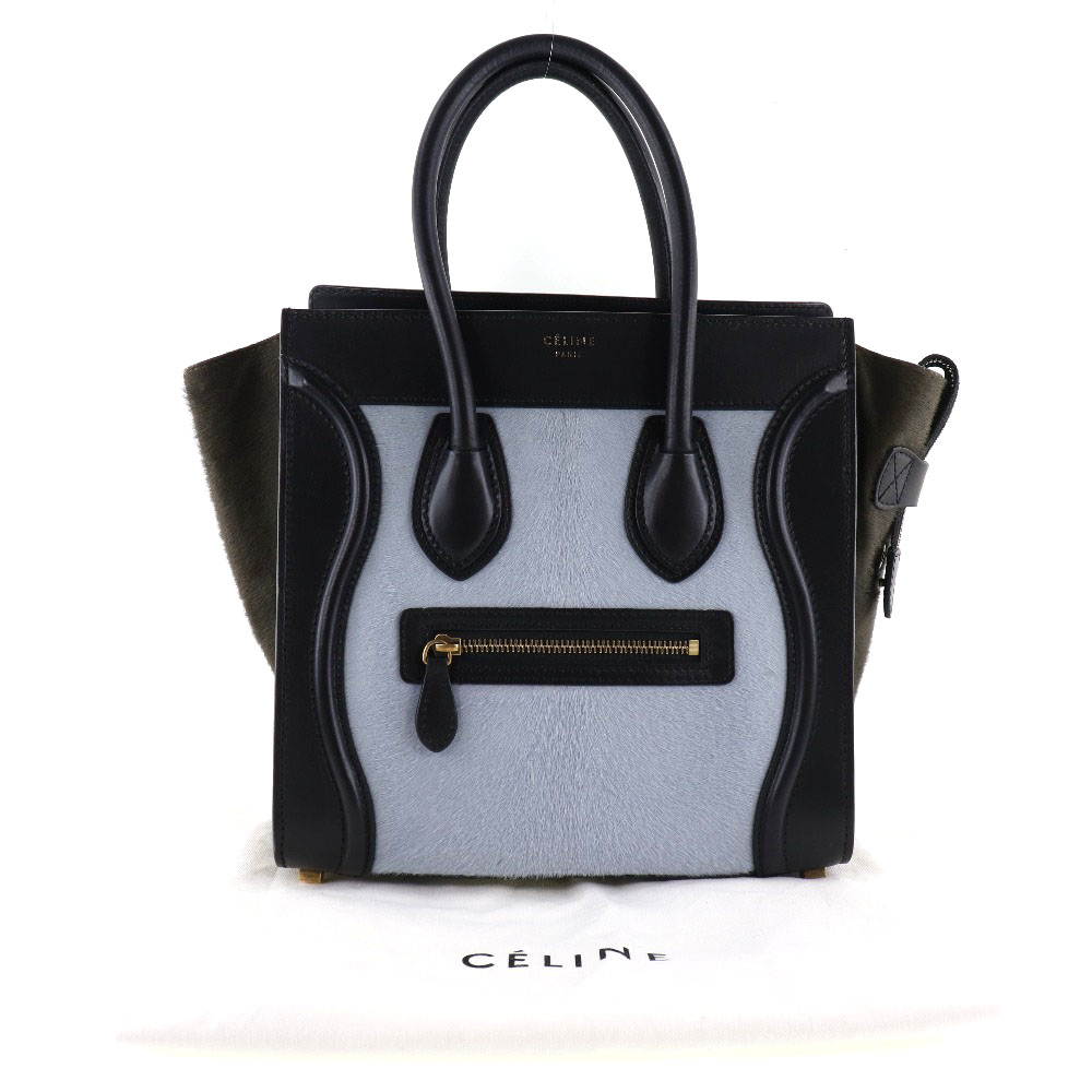 【CELINE】セリーヌ ラゲージ マイクロショッパー 1103 ハラコ×カーフ 水色/グレー レディース ハンドバッグ【中古】