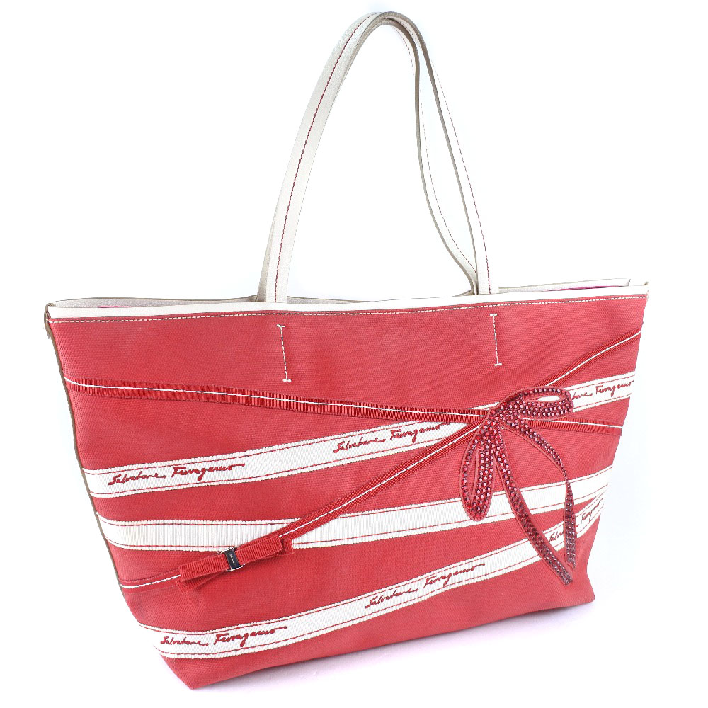 Salvatore Ferragamo AU-21 ribbon Tote Bag Red canvas Women | eBay