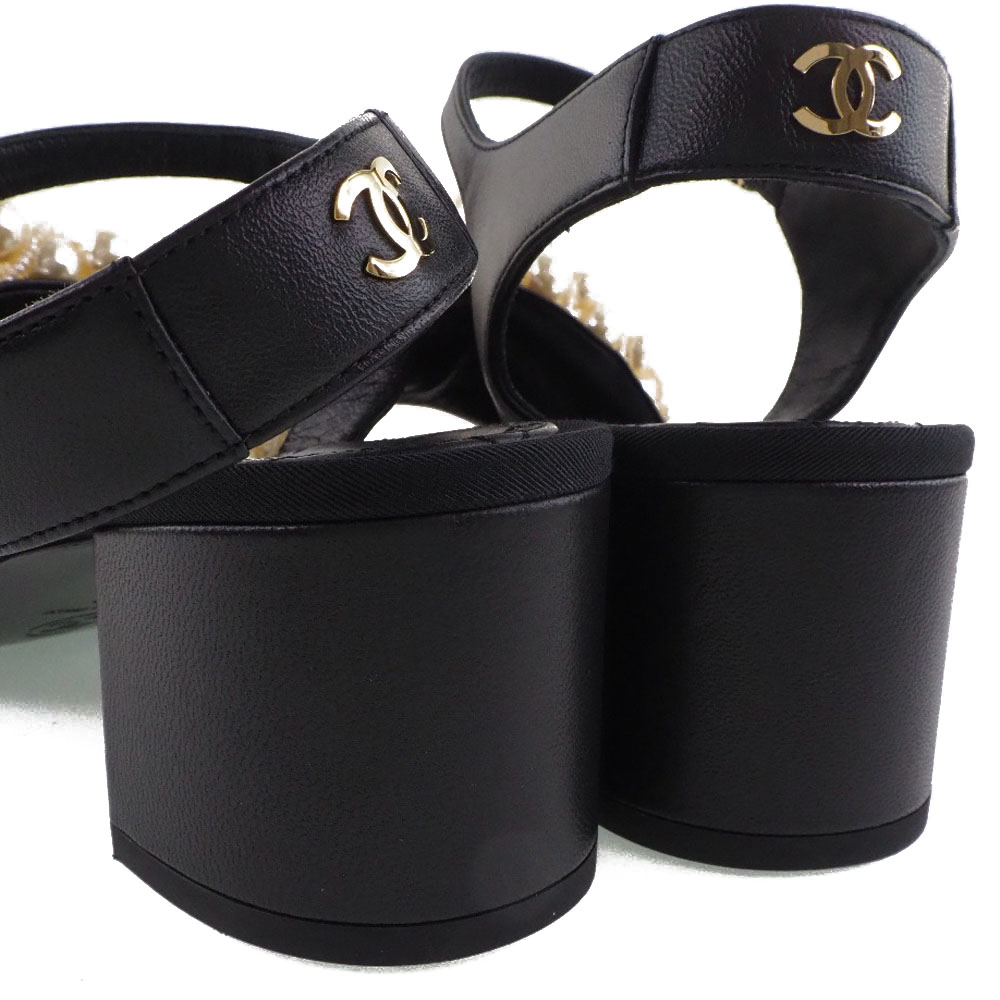 【CHANEL】シャネル アンクルストライプ ココマーク 2020SS G35919 レザー×フェイクパール 黒 レディース サンダル【中古】