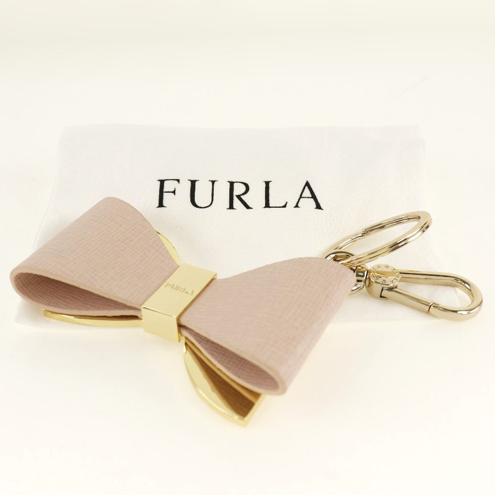 Furla】フルラ キーホルダー リボン レザー×金メッキ ライトピンク