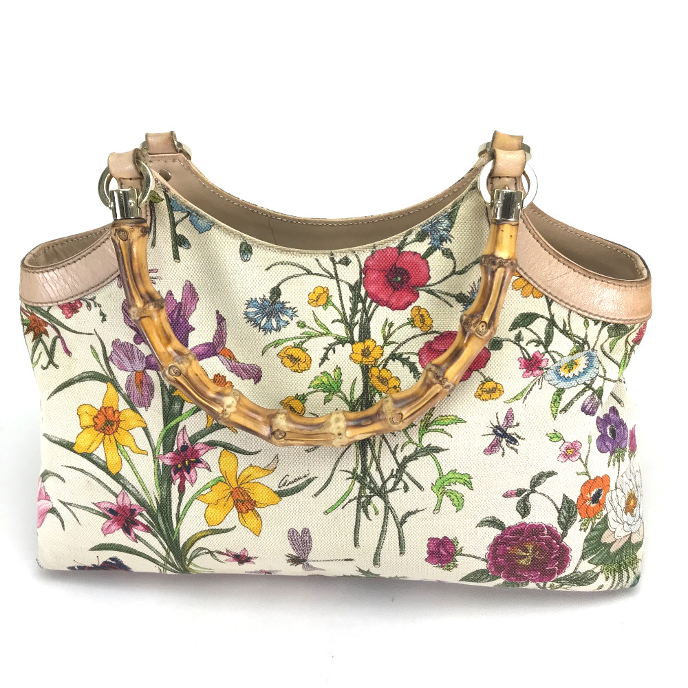 AUTHENTIC GUCCI Flora Bamboo Shoulder Bag Hand Bag BeigeCanvas x ...