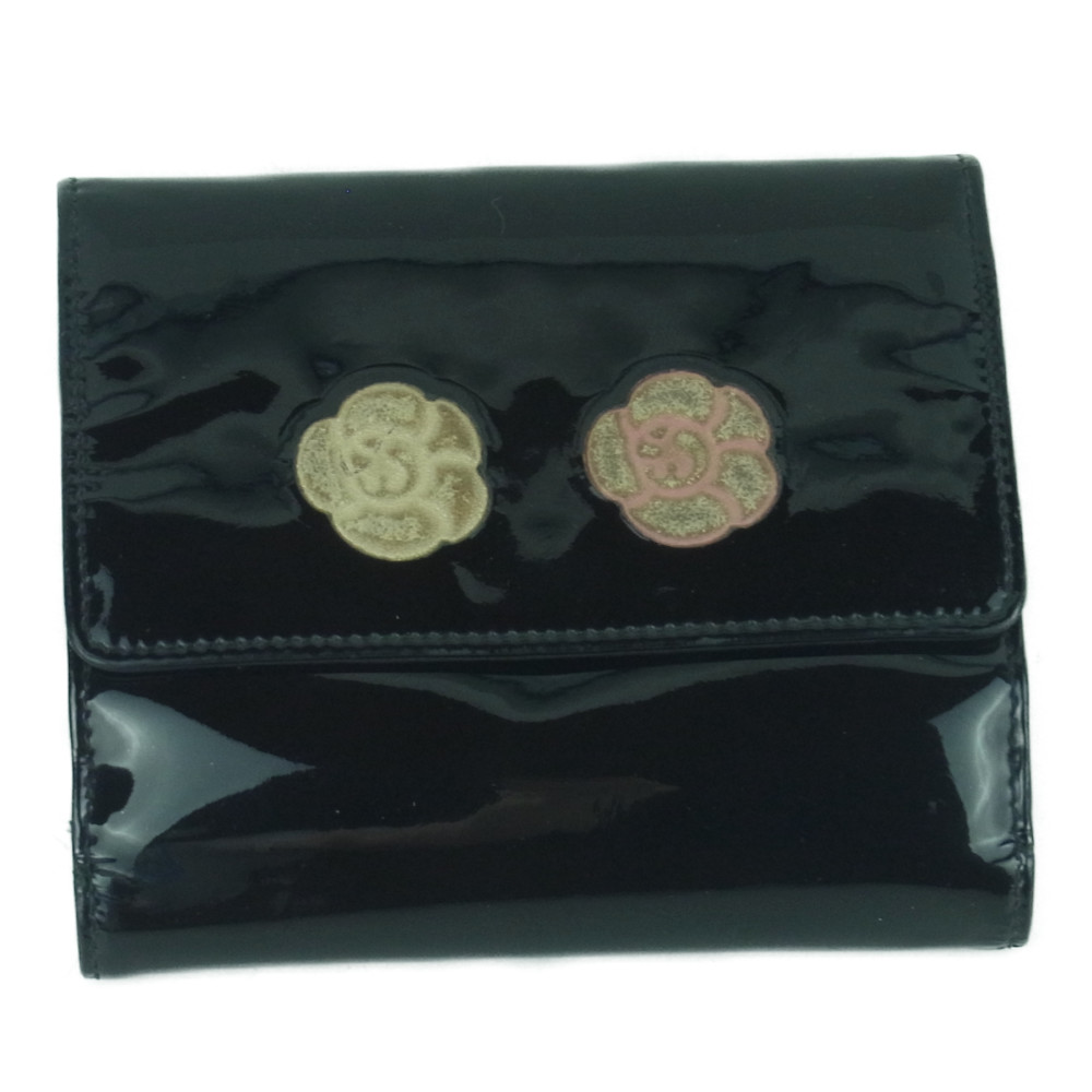 CHANEL シャネル 財布 カメリア エナメル ココマーク 二つ折り 財布 イタリア製 ブラック系
