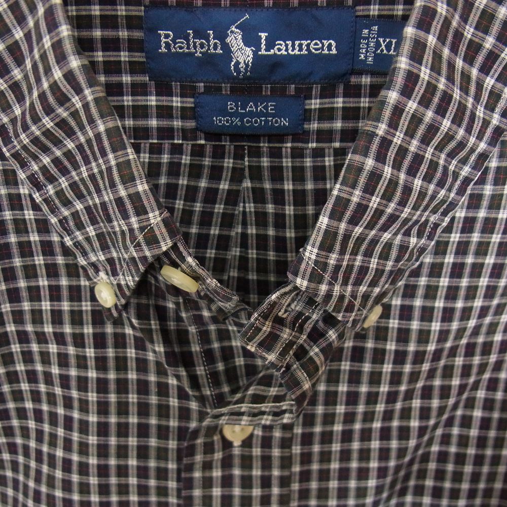RALPH LAUREN ラルフローレン 長袖シャツ 90s BLAKE BD ブレイク ロゴ刺繍 チェック ボタンダウン シャツ ネイビー系 XL