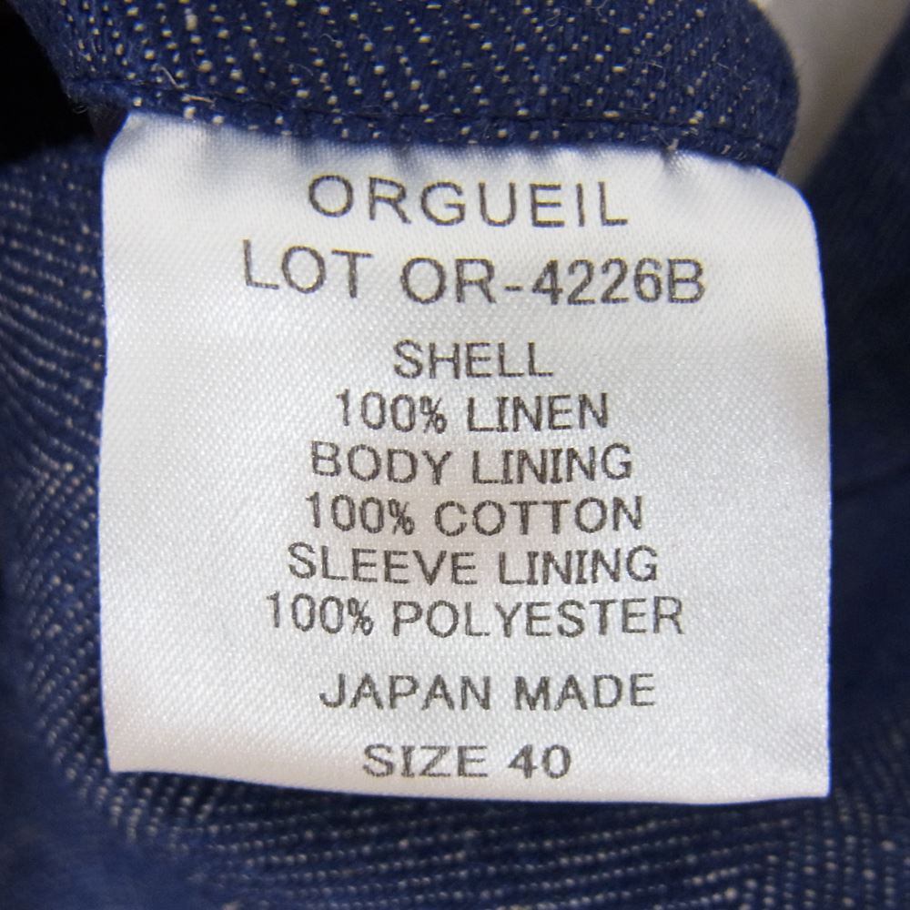 格安買取 相場 ORGUEIL オルゲイユ OR-4226B Indigo Linen Jacket