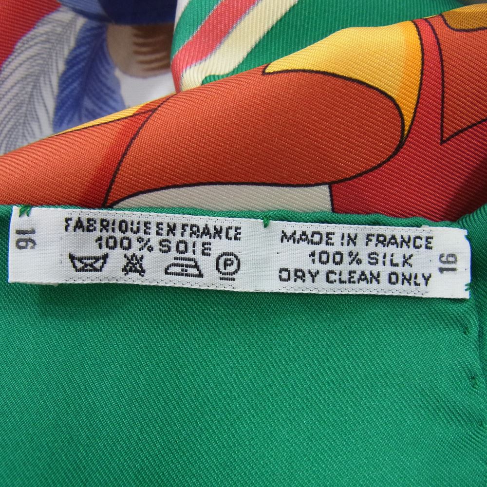 HERMES エルメス ストール カレ90 CHOCS EN PLUMES 羽飾りの激突 シルク スカーフ グリーン系 マルチカラー系